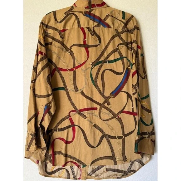 Lauren Ralph Lauren Shirt Women Size 2X Beige Equestrian Print Cotton Button Up - Picture 2 of 16